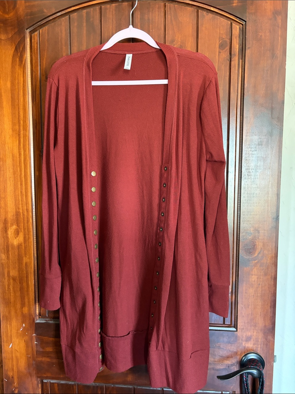 Zenana Outfitters Rust Red Open-Front Cardigan with Snap Details